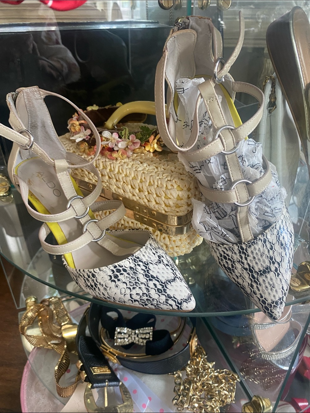 Aldo Beige Strappy Pointed Snakeskin Flats